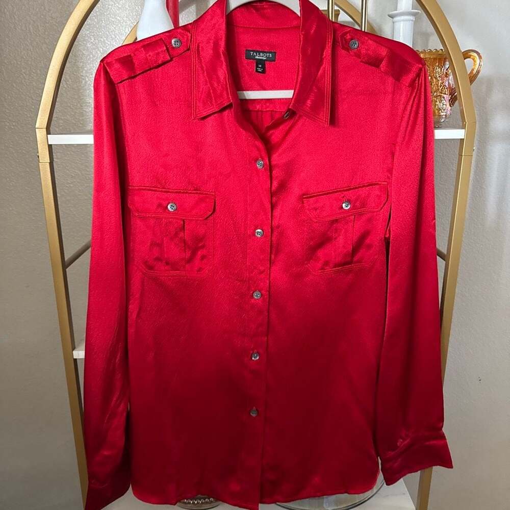 Talbots Women's Red 100% Silk Long Sleeve Button-Down Blouse with Epaulets